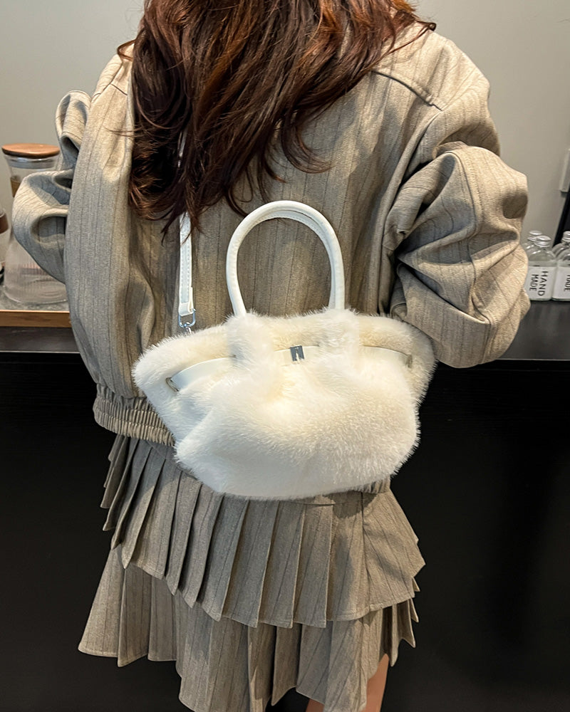 Carys Faux Fur Mini Tote Bag - White