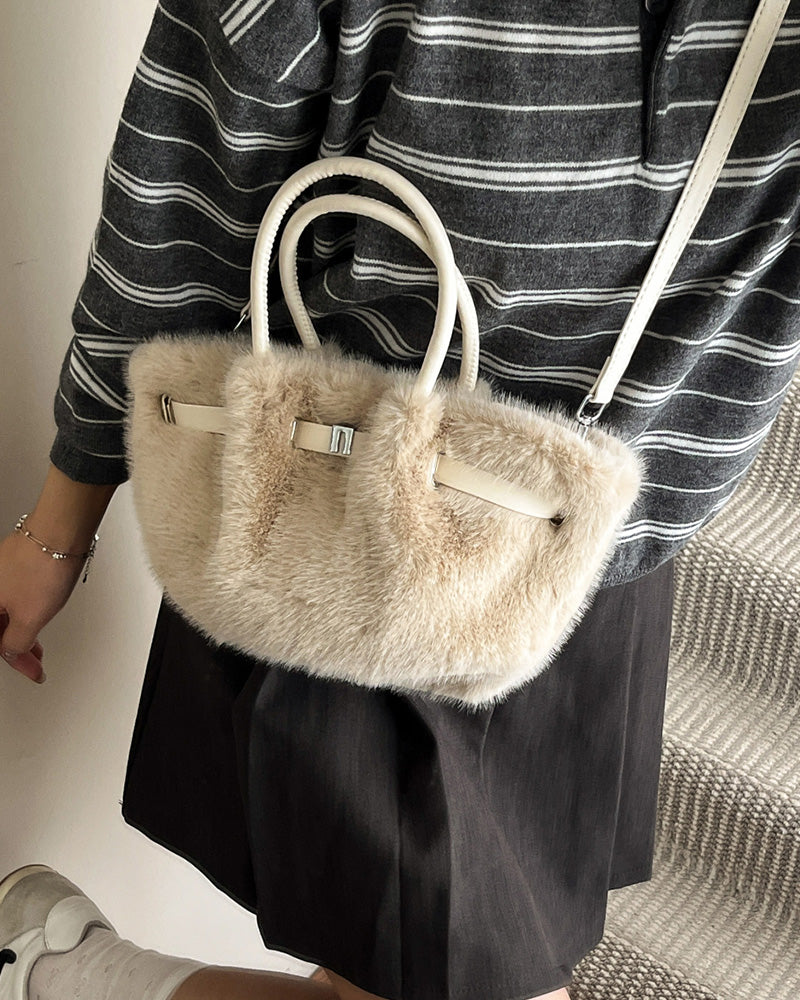 Carys Faux Fur Mini Tote Bag - Cream