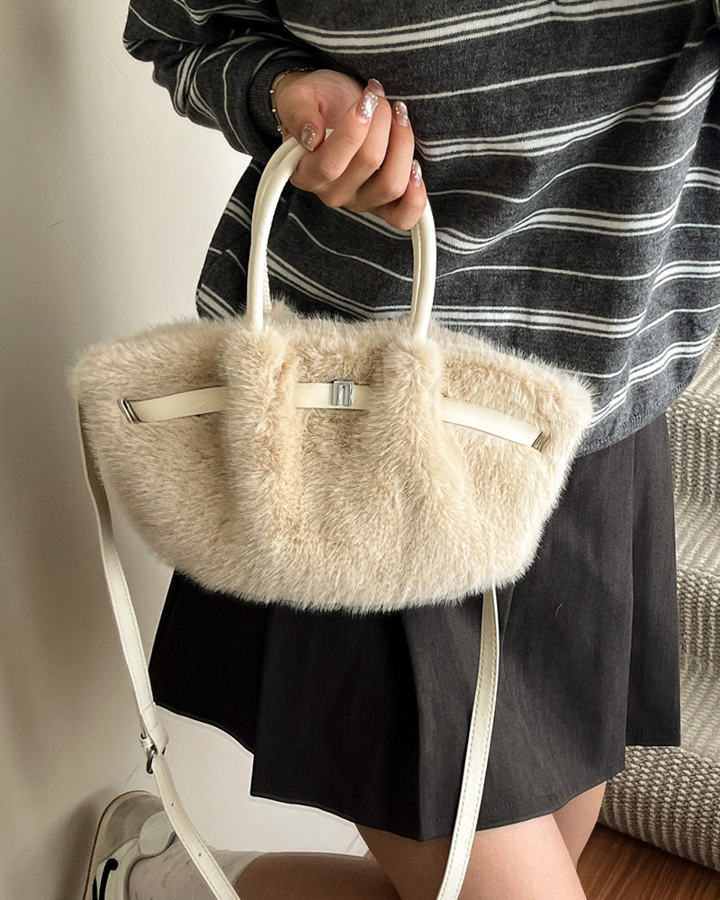Carys Faux Fur Mini Tote Bag - Cream