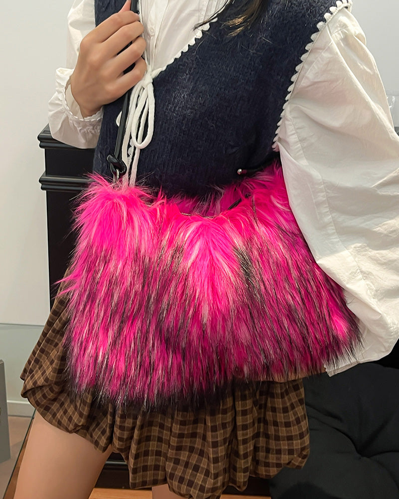 Aurelia Faux Fur Shoulder Bag - Rose Red
